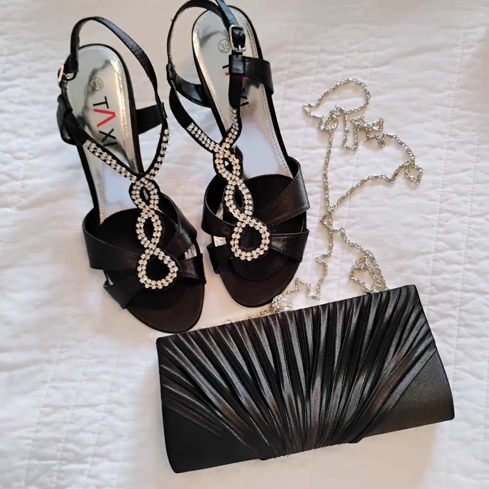 Black TAXI Satin Strappy Sandals With Rhinestone Detail Black Satin Clutch Purse